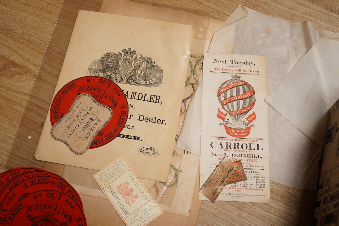 A group of hand coloured engravings, to include a heraldic example, trade advertisement labels and pen and ink and watercolour sketches, 18th/19th century